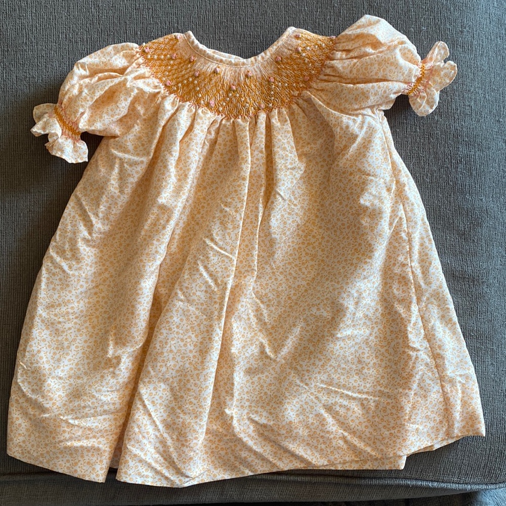 Orange Smocked Dress with Pink Flowers and Pearls